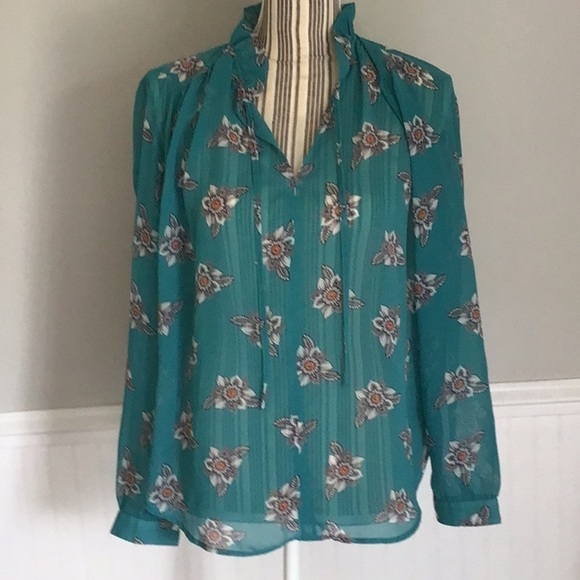Loft Sheer Floral Top Size XSmall Ruffle Neck - Picture 1 of 3